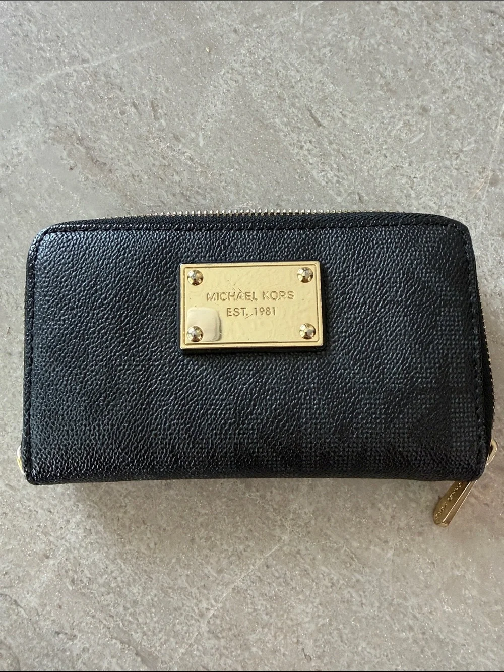 Michael Kors Black Zip-Around Wallet with Gold Logo Plate